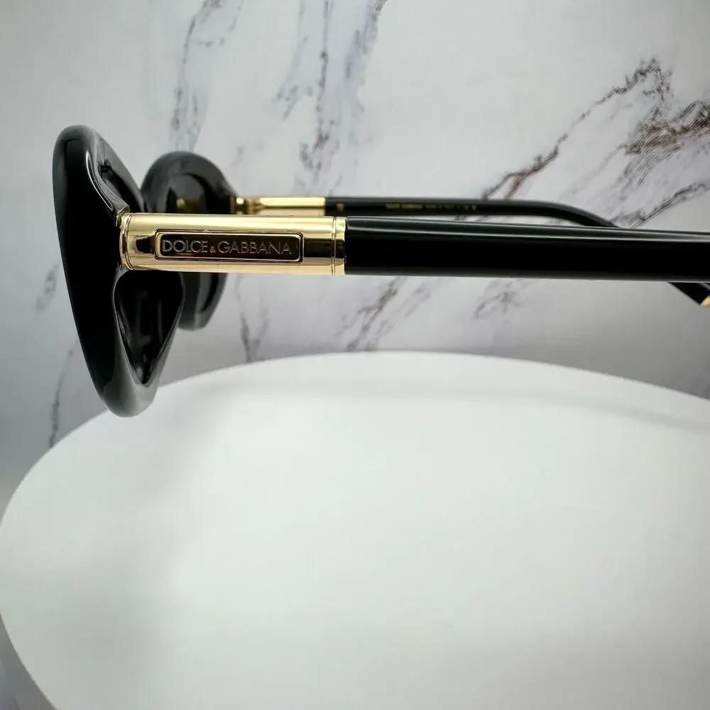 New Dolce & Gabbana Sunglasses Black Oval Cat Eye Gold Metal Logo 54-18